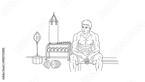 Linear gym scene: fit male resting near boxing equipment and weights