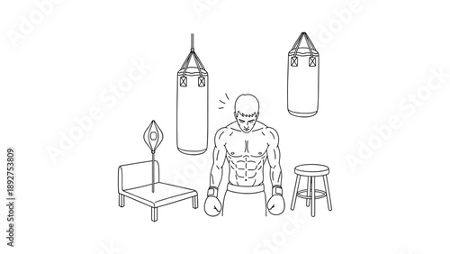 Minimalist gym training scene with punching bag and boxer