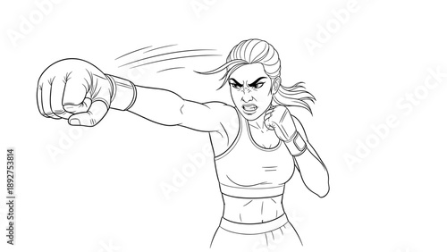 Powerful woman throwing a punch in dynamic line art style
