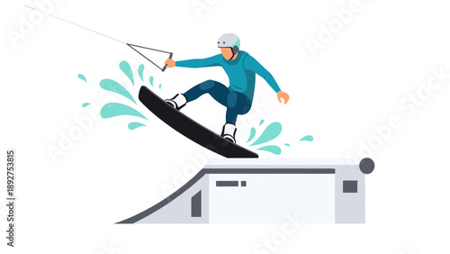 Dynamic wakeboarding scene with rider performing tricks on water ramp