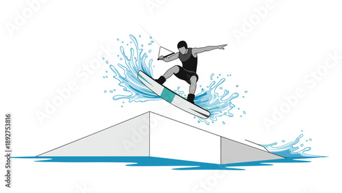 Wakeboarder performing tricks over ramp with splashing water