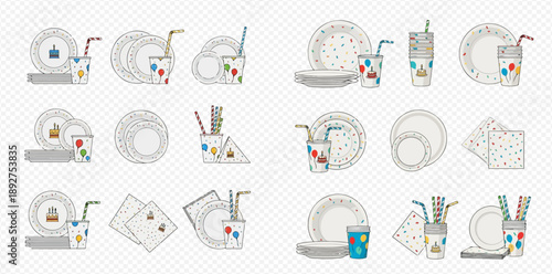 Collection of party disposable tableware sets with plates, cups, napkins, and cutlery for celebrations.
