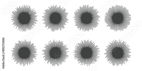 Set of eight hand-drawn sunburst or starburst shapes with imperfect radiating lines, in a vintage monochrome style vector illustration