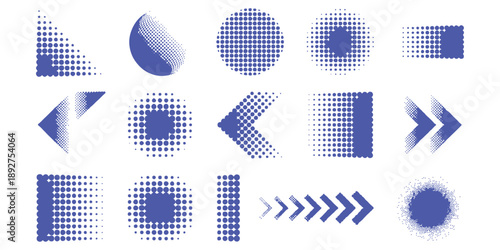 Set of abstract blue halftone geometric shapes and patterns with dot gradients for modern graphic design elements vector illustration