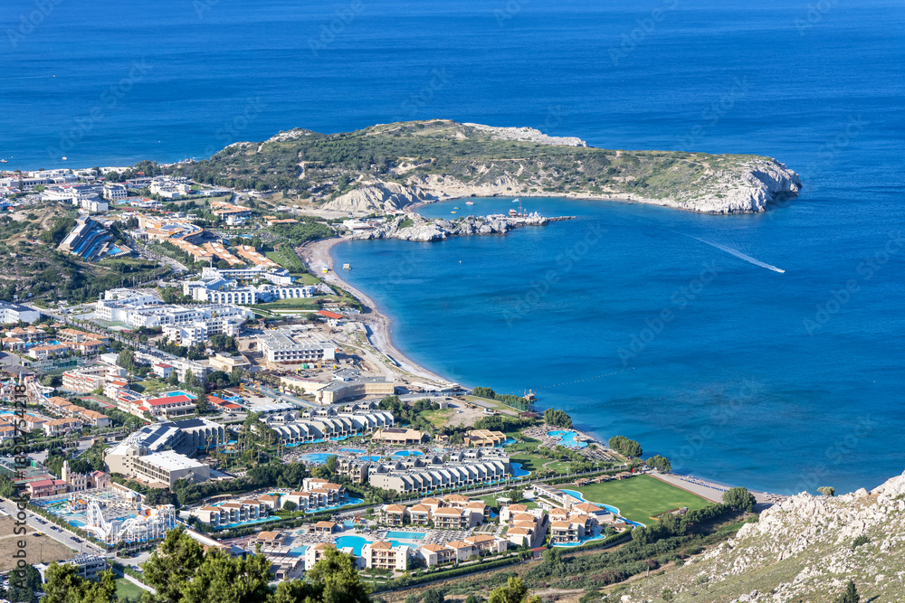 Fototapeta premium View of vacation town Kolymbia with beach from above at the Aegean Sea Rhodes island, Greece