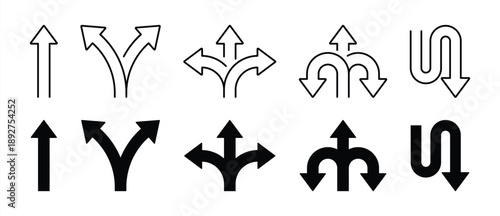 directional arrow and road navigation icon set. minimal thin line and solid symbol for turn, split, U-turn, intersection, routing, wayfinding. vector illustration