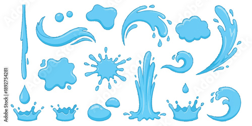 Collection of cartoon water splashes, drops, and liquid elements set depicting various motions and forms vector illustration