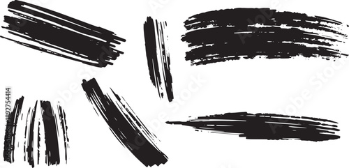 Brush set. Vector black paint brush spots, highlighter lines or felt-tip pen marker. Ink smudge abstract shape stains and smear set with texture