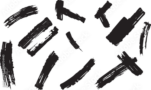 Brush set. Vector black paint brush spots, highlighter lines or felt-tip pen marker. Ink smudge abstract shape stains and smear set with texture