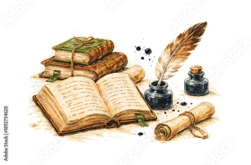Vintage writing tools and open book with ink quill on white background