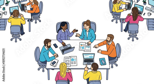 People working together at office tables.