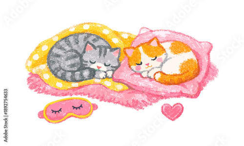 Cozy sleeping cats on soft pillows with heart and sleep mask in pastel crayon style