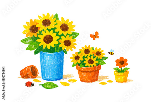 Cheerful sunflower arrangement with butterflies and ladybug in crayon art