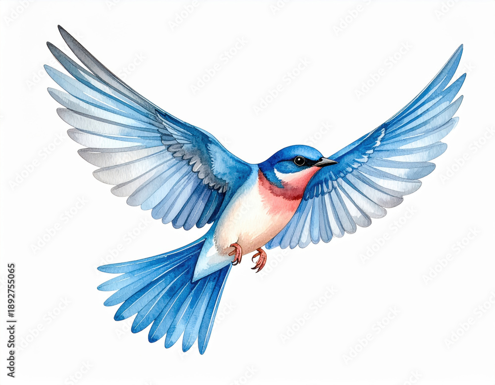Obraz premium Graceful blue swallow bird flight illustration displaying joyful energy with wings spread wide isolated on white background depicting freedom concept in artistic watercolor style
