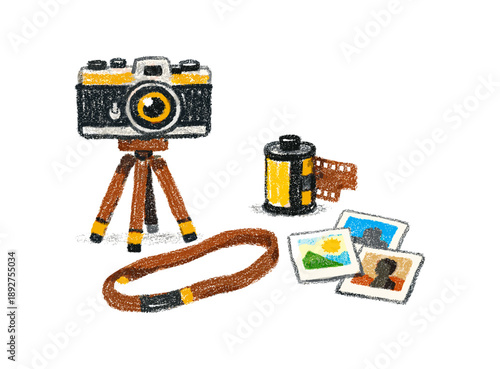 Retro camera and film elements in crayon art style