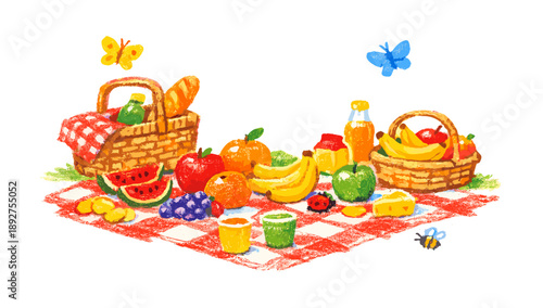 Colorful picnic spread with fresh fruits and basket on checkered blanket