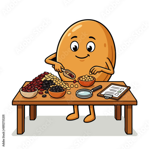 A cartoon lentil character enjoying a nutritious meal on World Pulses Day, surrounded by various pulses and grains on a wooden table