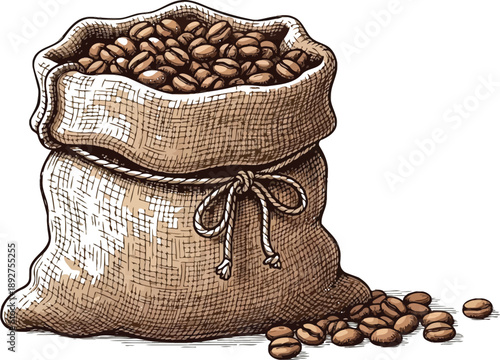 Burlap sack overflows with roasted coffee beans.