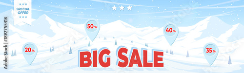 Winter sale banner with realistic mountain landscape. Big sale offer. Vector illustration.