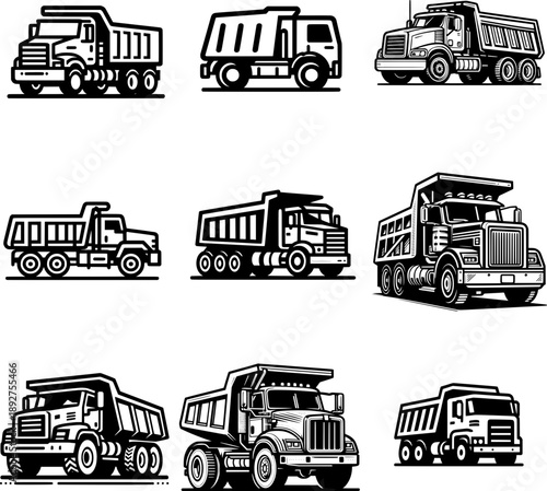 Set of nine bold outline dump truck silhouette, black and white, minimal detail, isolated on white