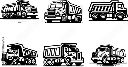 Bold outline dump truck silhouette, black and white, minimal detail, isolated on white