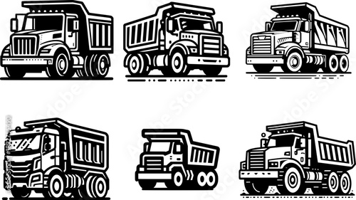 Bold outline dump truck silhouette, black and white, minimal detail, isolated on white