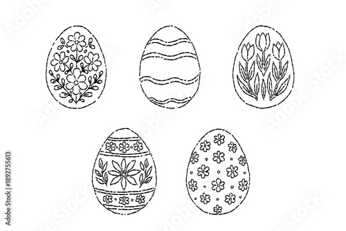 Hand drawn Easter eggs illustration set with floral and geometric decorations featuring detailed spring egg line art in elegant black and white style