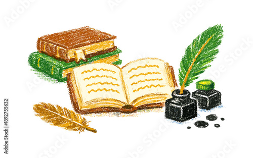 Colorful crayon drawing of open book with quill and ink bottles