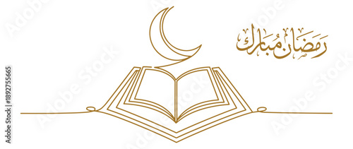 Minimal Islamic line art illustration of an open Quran with crescent moon and Ramadan Mubarak calligraphy, spiritual worship and holy month concept