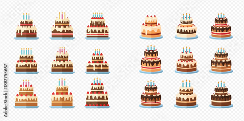 Set of various birthday cakes with candles, chocolate, and fruit decorations, perfect for celebrations and special occasions.