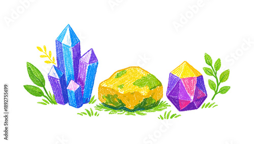 Vibrant gemstones and rock with leaves in crayon style