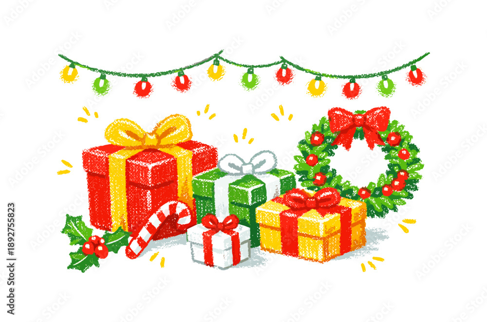 Fototapeta premium Festive christmas gifts and wreath with colorful lights in a textured crayon style