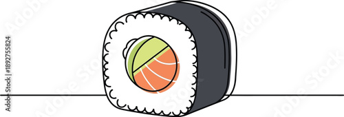 Single sushi roll features salmon and avocado.