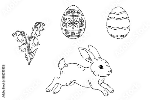 Hand-drawn Easter bunny illustration set with jumping rabbit decorated eggs and spring flowers featuring detailed animal and botanical line art in black and white style
