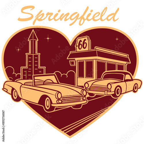 Springfield vintage night scene with classic cars and retro diner