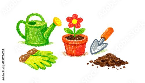 Colorful crayon style gardening tools and potted flower illustration