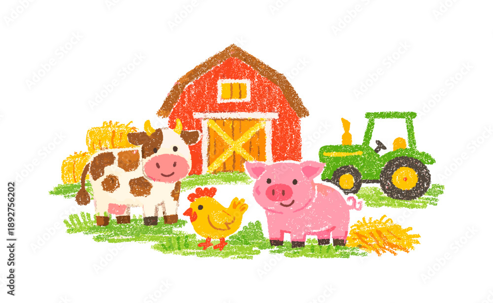 Naklejka premium Chalk-style farm scene with barn, tractor, and animals