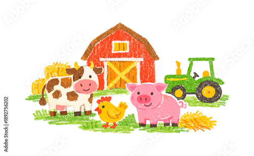 Chalk-style farm scene with barn, tractor, and animals