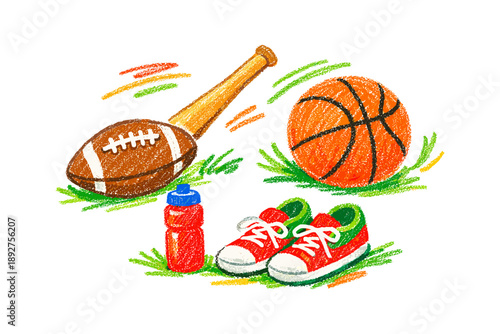 Colorful chalk art of sports equipment for kids' activities and fun