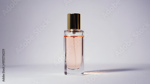 Luxury perfume bottle with golden cap on white background.