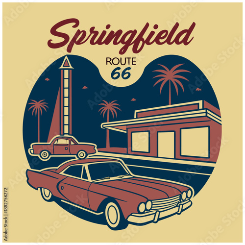Springfield Route 66 retro motel scene with palm trees and classic cars