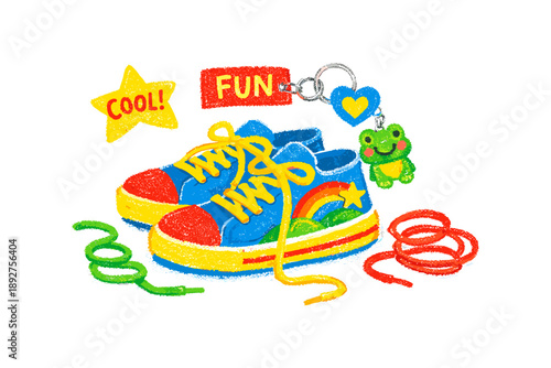Colorful sneakers with fun keychain and playful design elements