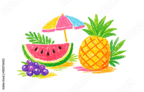 Colorful crayon drawing of summer fruits with umbrella and tropical leaves