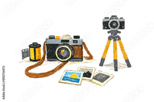 Vintage cameras and photos in crayon style with tripod and film roll