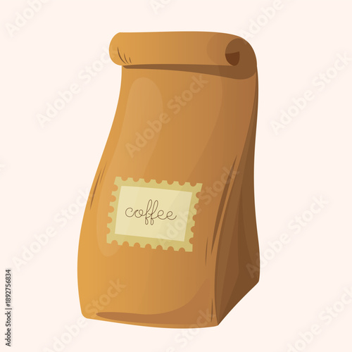 Brown paper coffee bag with label, isolated on light background