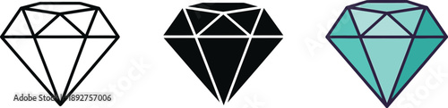 A collection of elegant diamond icons presented in outline, solid black, and vibrant teal variations isolated on white background, Vector