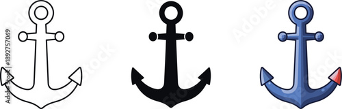 A collection of anchor illustrations showing outline, silhouette, and colored designs isolated on white background, Vector