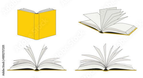 Four illustrations of an open and closed book, showcasing different page arrangements and a yellow cover.