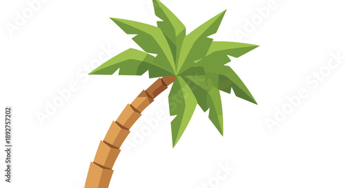 A stylized illustration of a leaning palm tree with vibrant green fronds against a white background.