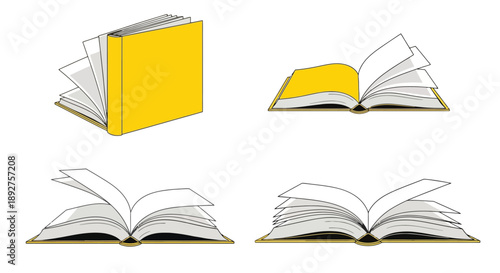 Four illustrations of an open and closed book, showcasing different page arrangements and a yellow cover.